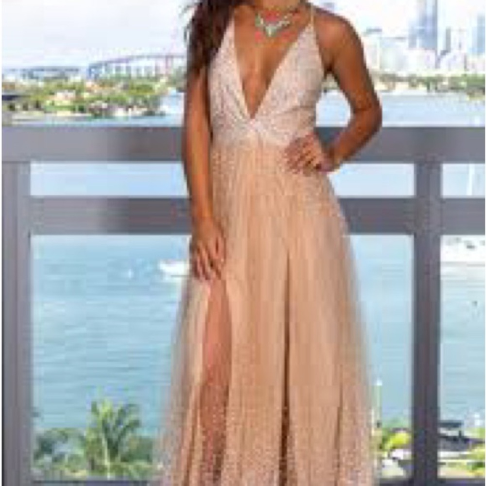 Luxxel Gold Embellished Gown with Plunge Neckline